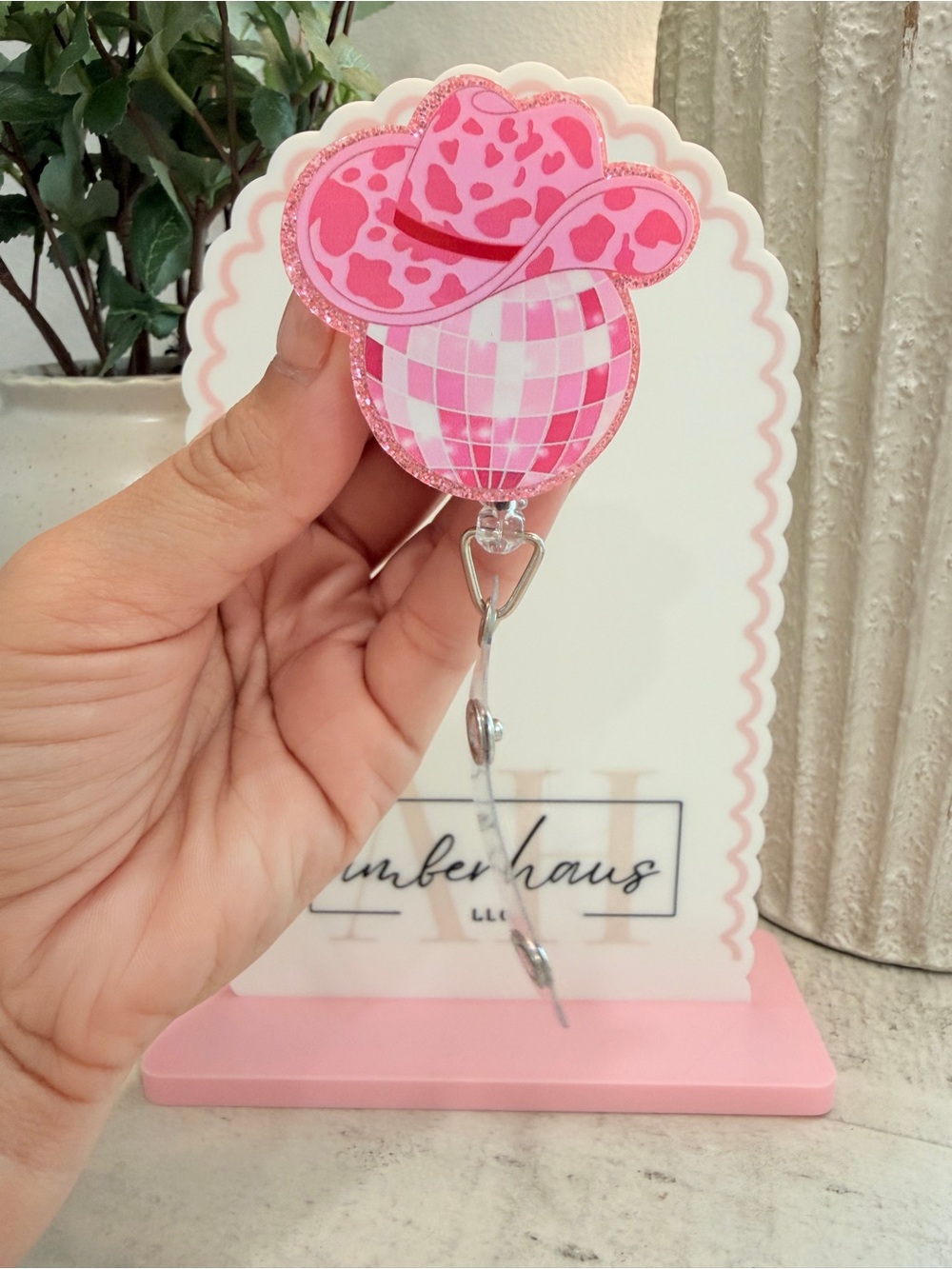 Pink Cowprint Cowboy Hat Badge Reel